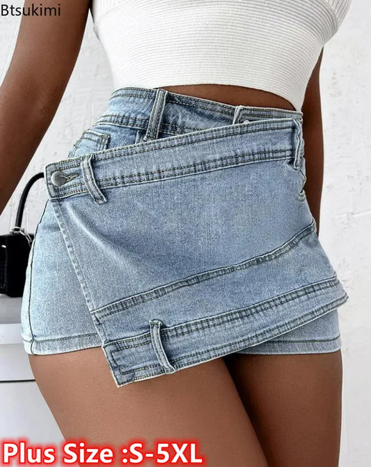 Plus Size Women's Denim Shorts Blue High Waist Irregular Girls