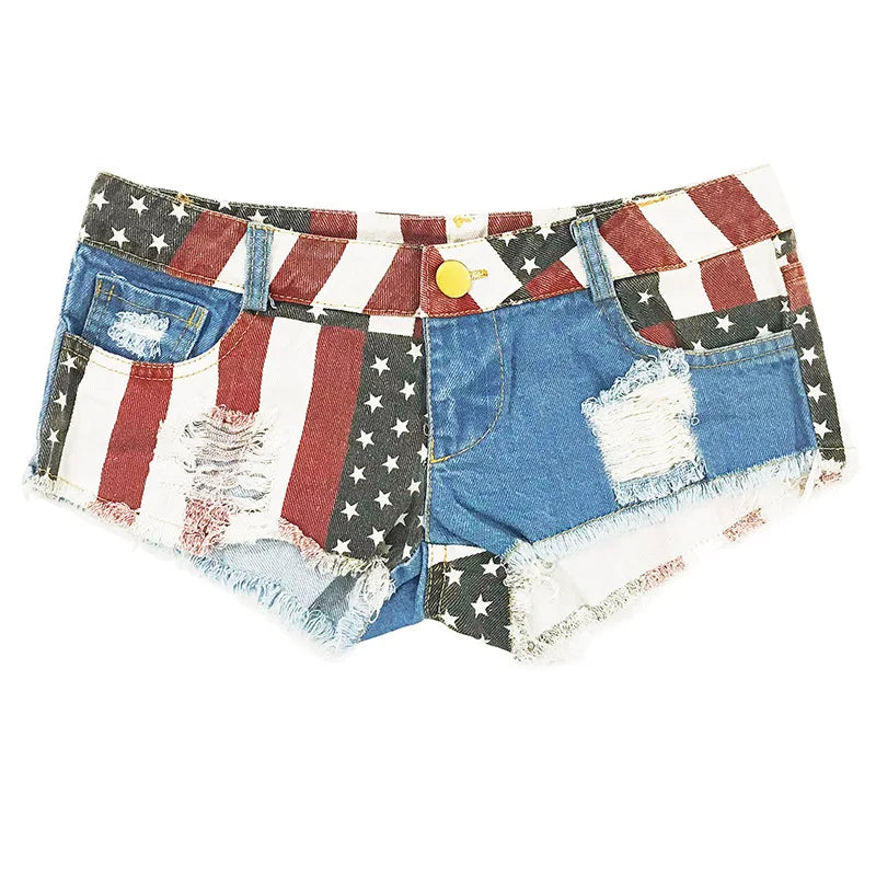 New Women's Flag Printed Shorts Stretchy Low Waist Jeans