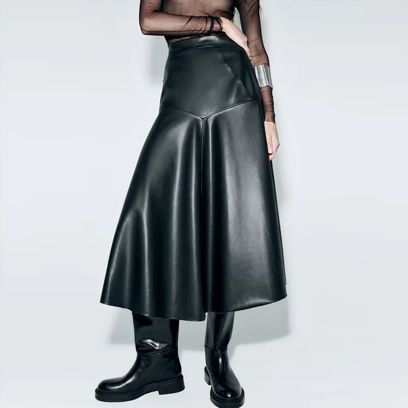 Women's Spring Vintage Leather Black Long Skirt Fashion High Waist