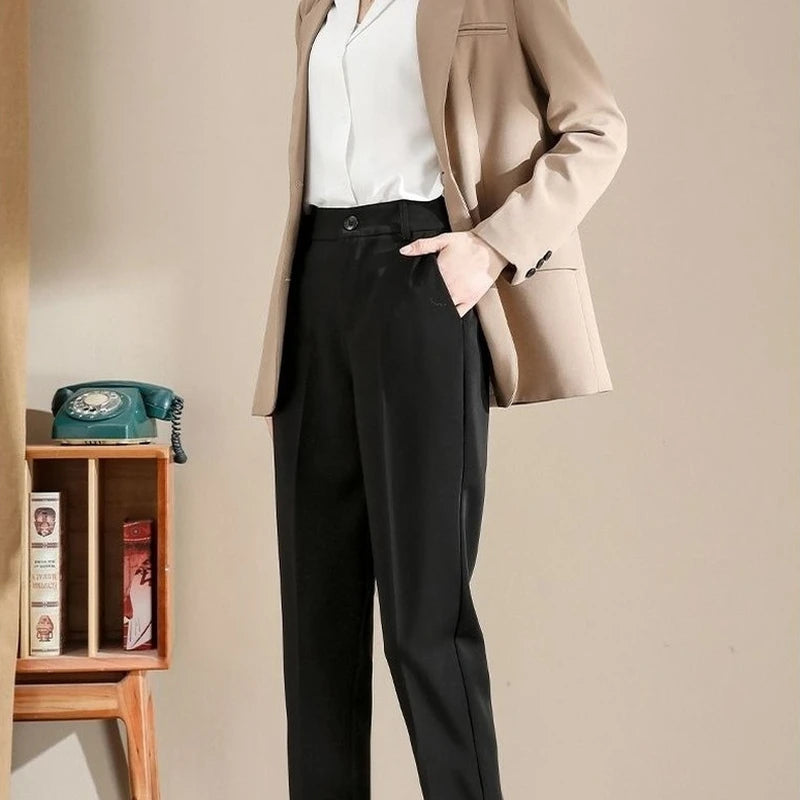 Capris Office Elastic Waist Clothing Women's Tailoring Trousers Buttons