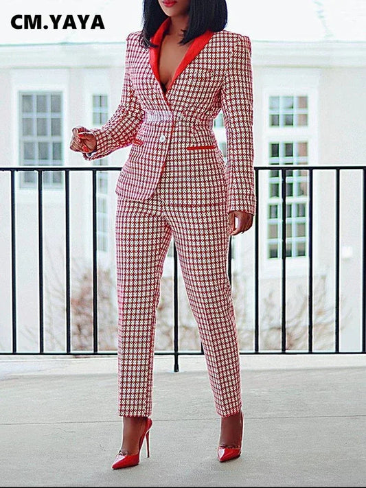 Elegant Houndstooth Blazer Suit - 2 Piece Autumn Winter