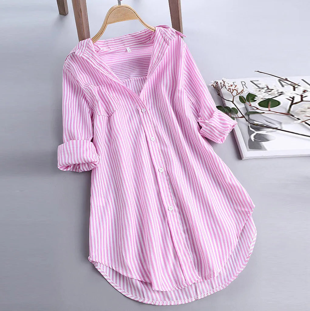 Plus Size Women Tunic Shirts Stripe Blouse Spring Autumn Ladies Large Size Button V Neck Long Sleeve Shirt Blouse Blusas 5xl