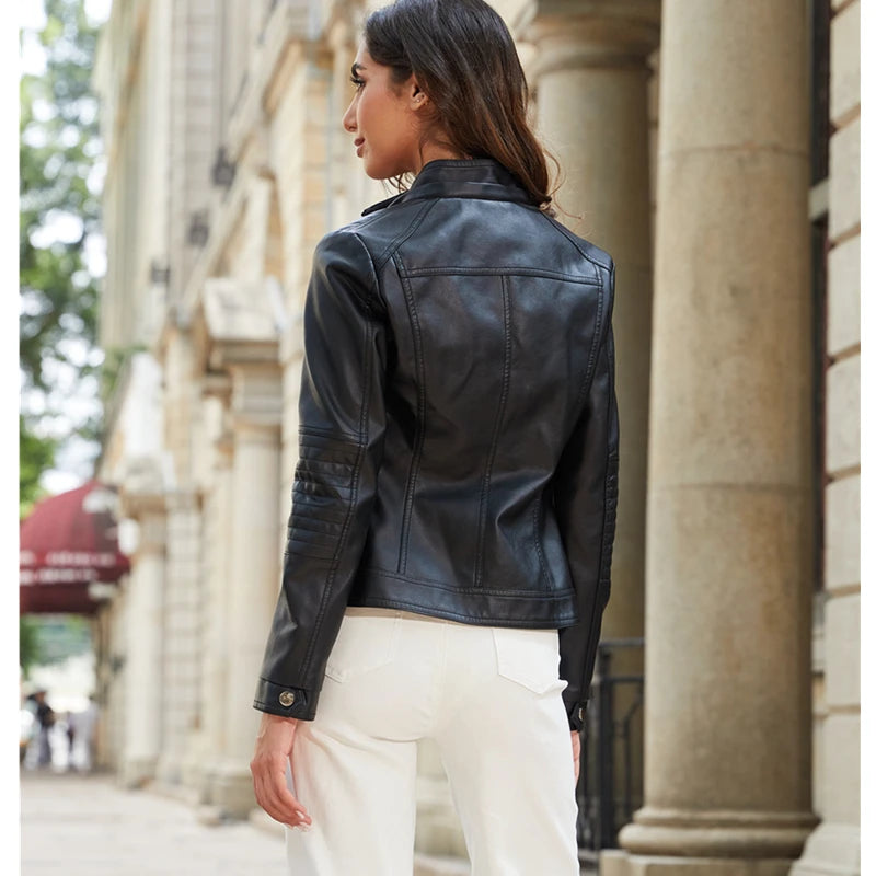 Women’s Hooded Leather Jacket - Windproof Fashion PU Coat