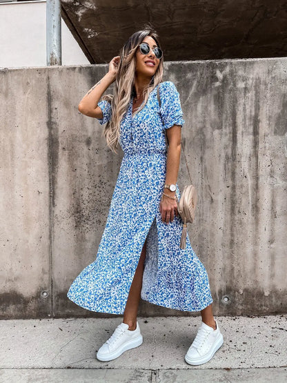 Summer Floral Print Dress Women's V Neck Side Slit Long Dress Elegant Short Sleeve