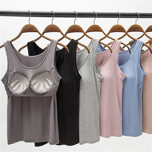 2024 Women's Vest Tops with Built In Bra Neck Vest Padded Slim Fit Tank Tops Sexy Shirts Feminino Casual