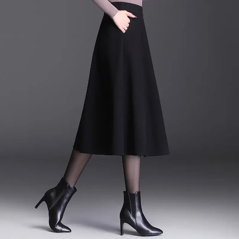 Woolen A-Line Skirt Mid Length Women's Fashion High Waist Pleated