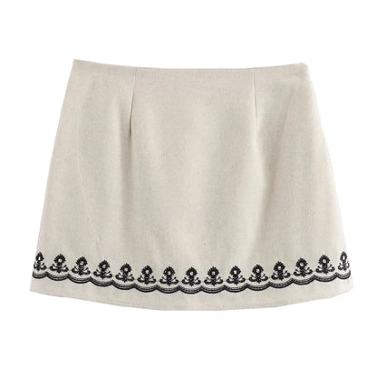 Traf Embroidery Mini Skirt Women's High Waist Vintage