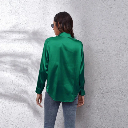 Spring Satin Shirt Women Loose Button Up Blouse Shirts Ladies Imitation Silk Long Sleeve Shirt for Women