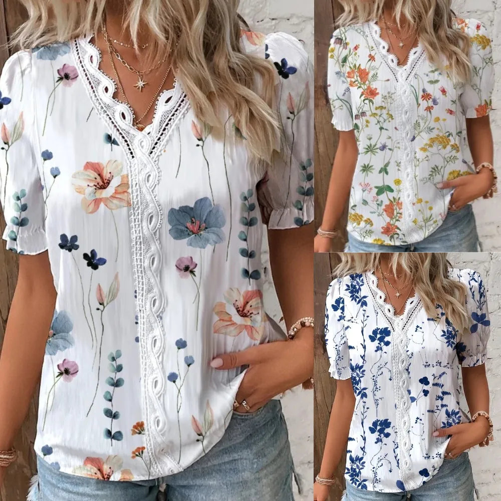 Elegant Blouse Printed Short Sleeve Shirts 2023 Summer Office LadyV Neck Lace Panel Shirt S-XXL