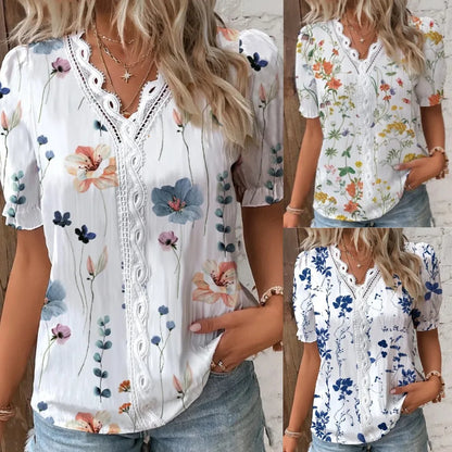 Elegant Blouse Printed Short Sleeve Shirts 2023 Summer Office LadyV Neck Lace Panel Shirt S-XXL