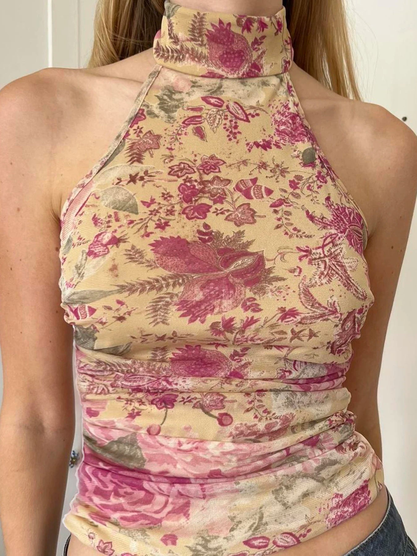 Rockmore Mesh Floral Print Ruched Backless Halter Crop Top Boho Casual Sleeveless Camis Holiday Vacation Women Summer Y2K Tanks