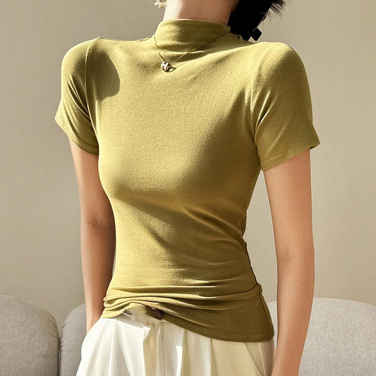 Spring Summer Women Elastic Mock Neck Cotton T-shirt Thin Solid Short Sleeved Versatile Pullover Casual Knit Slim Basic Top 2024