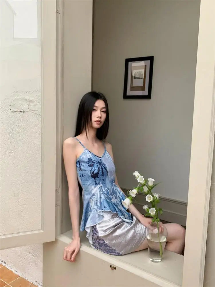 Yedinas Streetwear Blue Camisole Women Halter Tops Summer Korean Fashion Print Irregular Sleeveless Tank Tops 2000s Camis Y2k