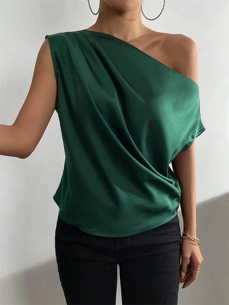 Women Summer Style Blouses Shirts Lady Casual Sleeveless Skew Collar Solid Color Blouse Tops