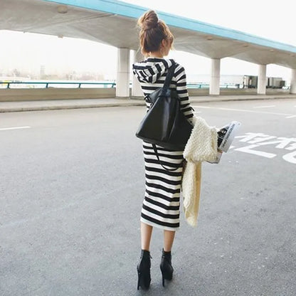 Women's Pullover Sweater Dress - Autumn Stripes Print, Casual Long Section