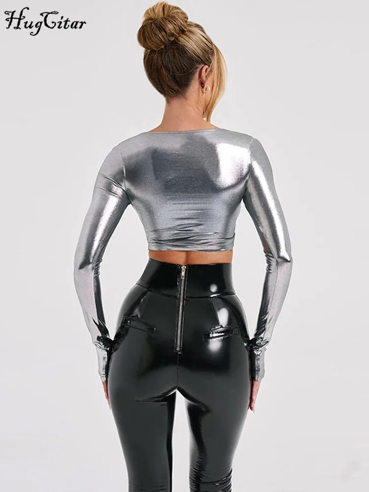 Hugcitar Pu Leather O Neck Long Sleeve Sexy Slim Crop T-Shirt Top 2023 Fall Winter Women Fashion Party Streetwear Club Clothes