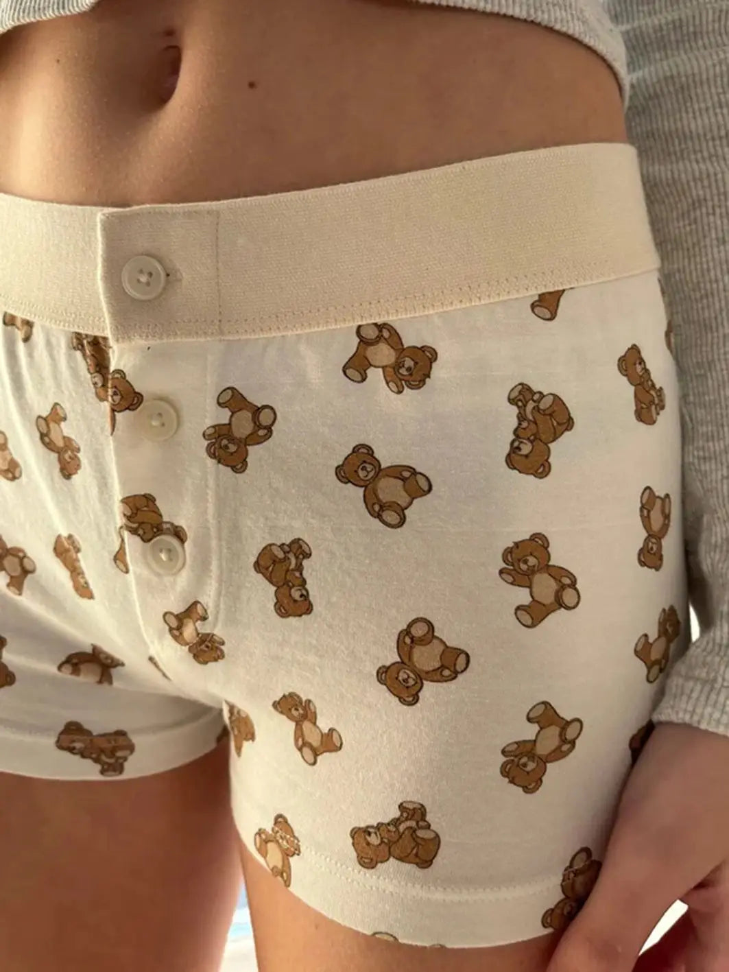 Bears Print Straight Shorts Buttons Patchwork Elastic Waist Casual