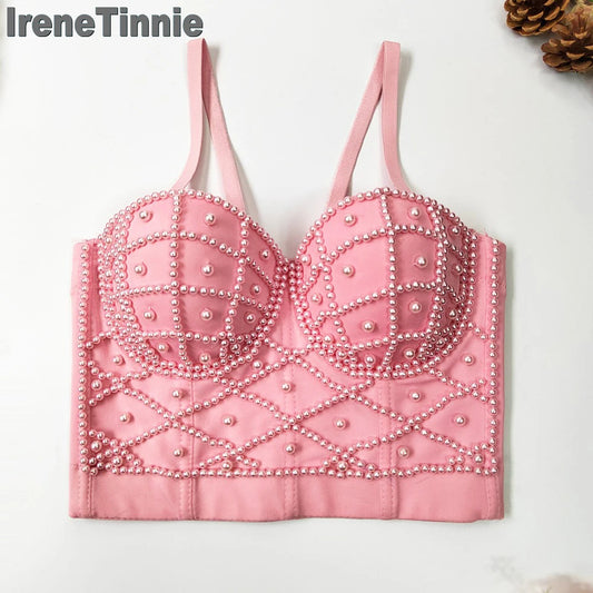 IRENE TINNIE Full Beads Female Trend Corset Top Women Crop top Push Up Tube Bra Nightclub Pearl Short Chest Binder Sexy Camisole