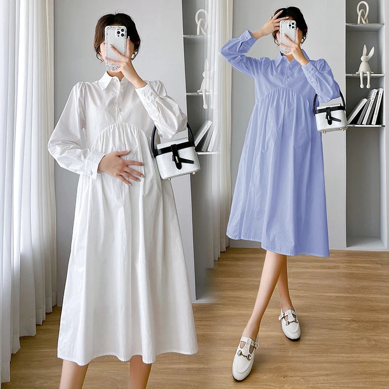 Cotton Maternity Blouse Dress - Long Loose A-Line