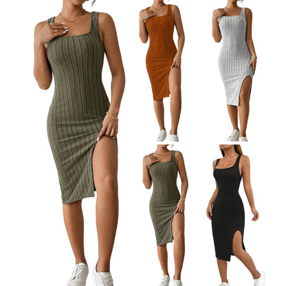 Solid Color Square Neckline Dress Elegant Knitted Midi Dress Women Party Commute Dress