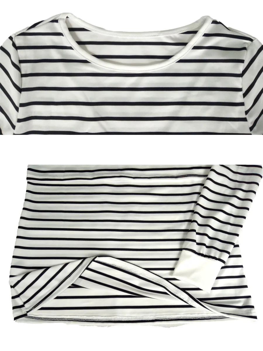 New Women's Striped Maternity Long Sleeve Solid Color Nursing Top