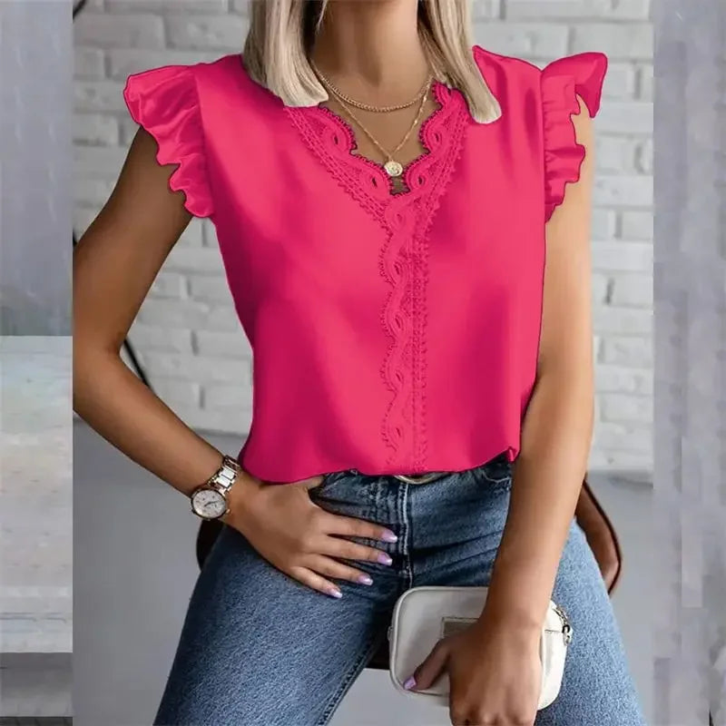 Elegant Pleated Ultra Short Sleeve Splice Shirt Women Wave V Neck Pullover Blouse Female Summer Commuter Casual Solid Color Tops