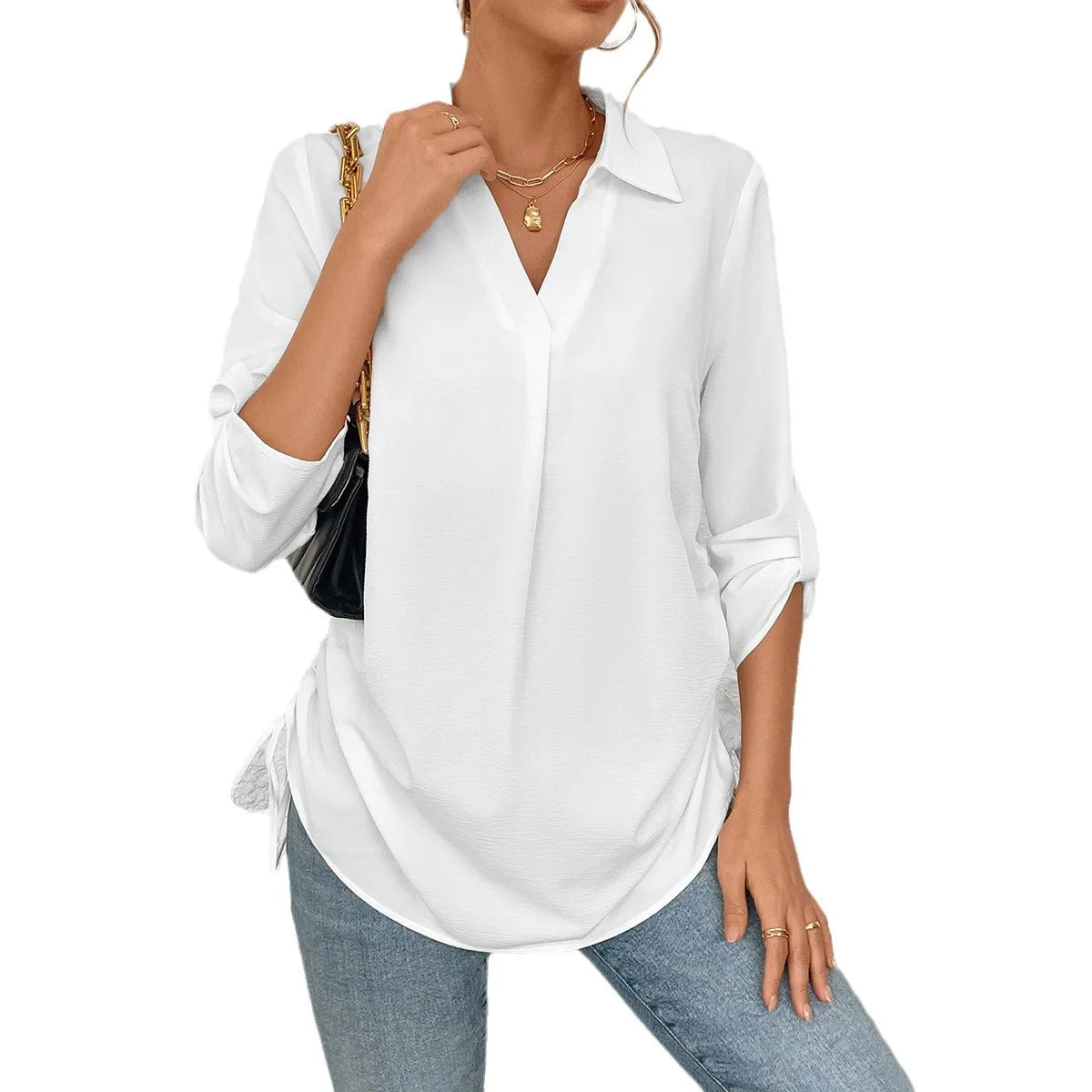 New European and American Fashion Women's Shirt with Double Drawstring Beach Cover-up  seda natural  victorian blouse white