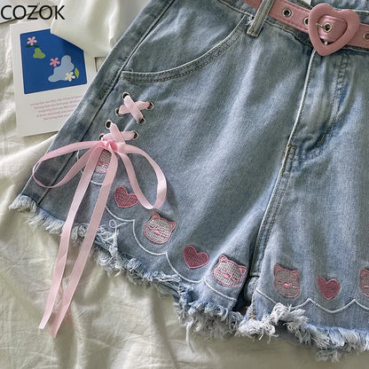 Japanese Chic Bandage Lolita Denim Shorts Sweet Cute Cartoon