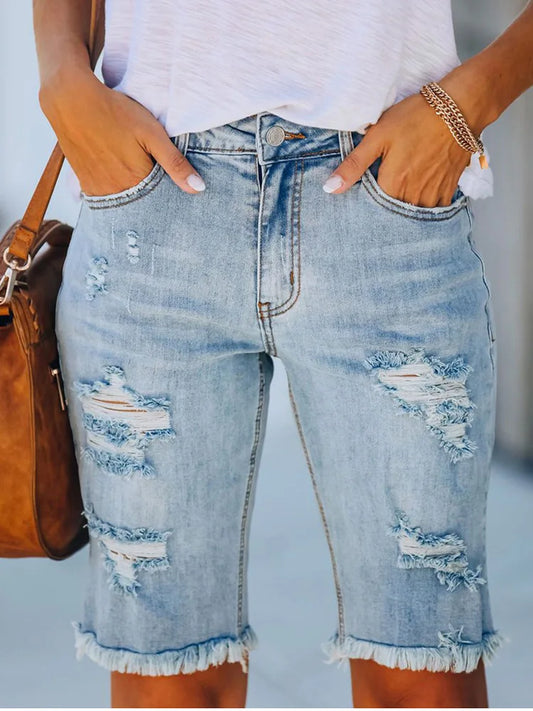 Ripped Jeans Summer Street Tassel Elastic Skinny Mid Waist