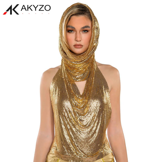 AKYZO Backless Halter Top with Metal Suspender Halter Neck Sequins Tank Top Turban Nightclub Sexy Summer 2 Piece Set