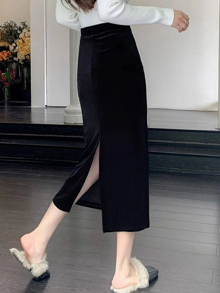 Velvet Black Long Skirts Women's Autumn Winter High Waist