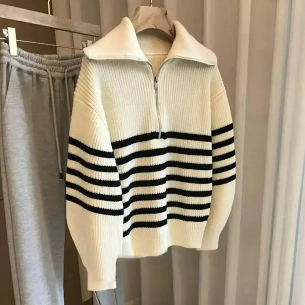 Women's Turtleneck Loose Lapel Striped Knitwear Women Pulovers New Simplicity Half Zipper Casual Fashion Women Sweaters 2024