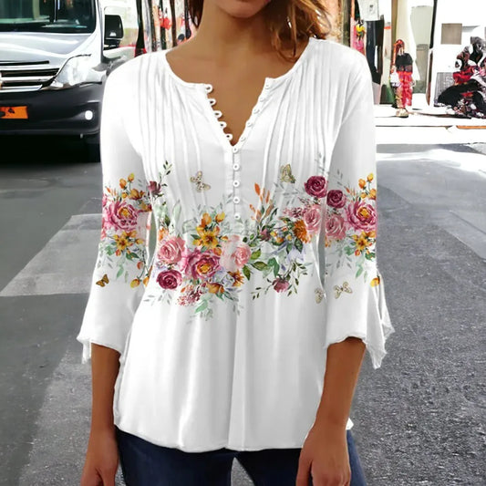 V-Neck Elegant Office Lady Blouses Tops Blusas 2024 Casual Trendy Summer Blouses Print Three Quarter Buttons Women Shirts