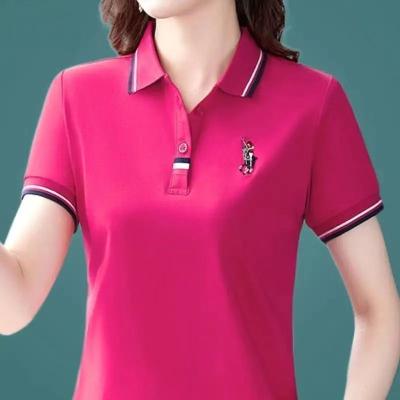 Women's Short Sleeve T-shirt 2024 New Middle-Aged Women's Lapel T-shirt Loose Female's Embroidery Contrast Polo Shirt