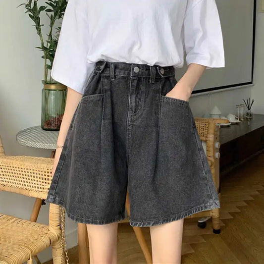 Women's High Waist Denim Shorts Wide Leg Straight Pants