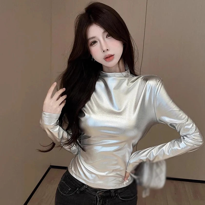 Women's Turtleneck Glossy Blouse Slim Fit Long Sleeve T-Shirt Tops Shiny Strecth Solid Tee Tops