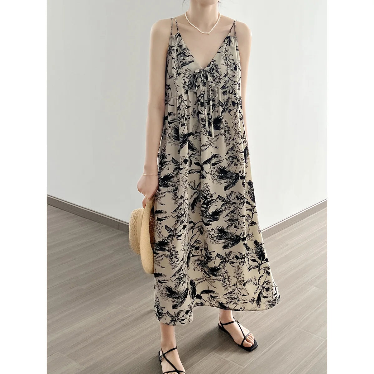 Women's Ink Print V Neck Halter Long Floral Dress Sleeveless