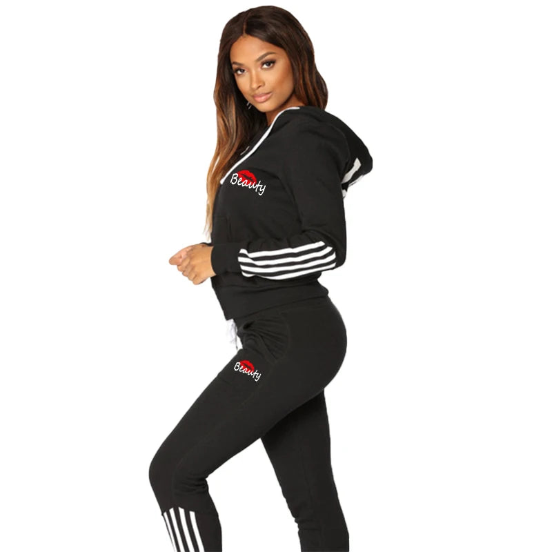 New Women's Printed Sportswear Set Full Zip Hoodie and Pants Winter Jogging Set