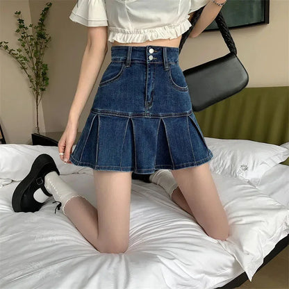 Vintage Blue Denim Pleated Skirt Women's Y2K High