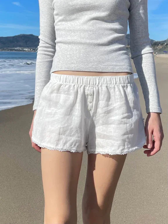 White Lace Trim Sweet Shorts Summer Bow Buttons Lastic