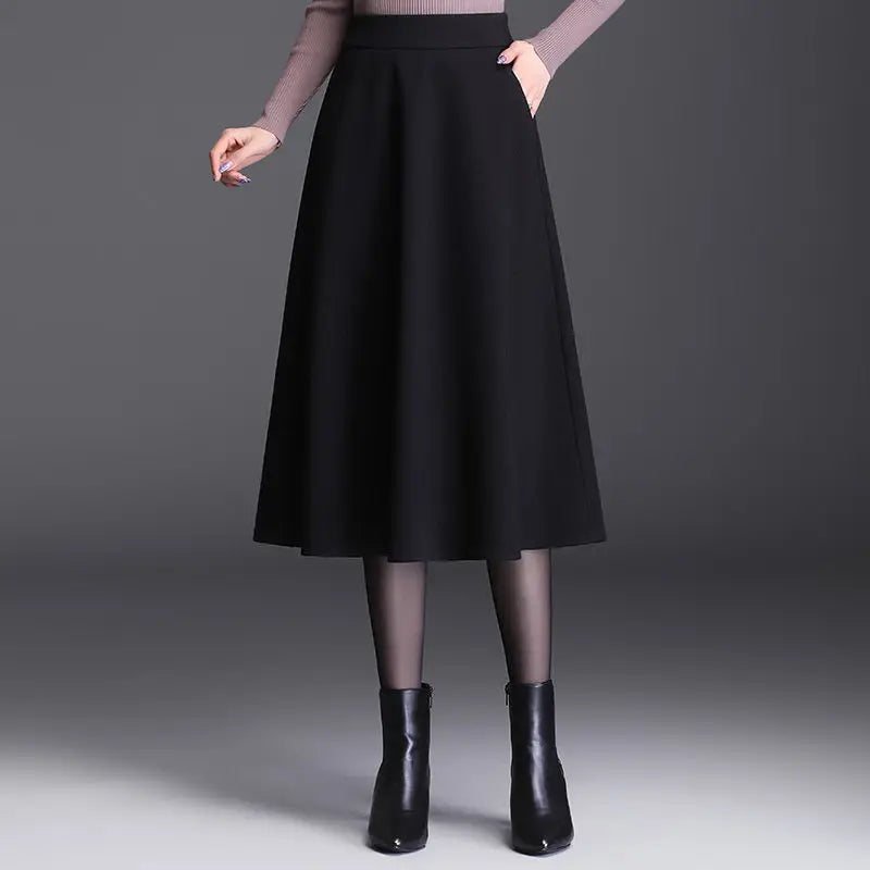 Woolen A-Line Skirt Mid Length Women's Fashion High Waist Pleated