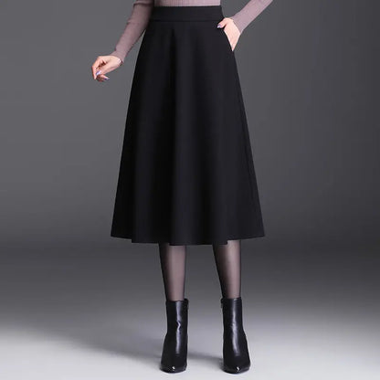 Woolen A-Line Skirt Mid Length Women's Fashion High Waist Pleated