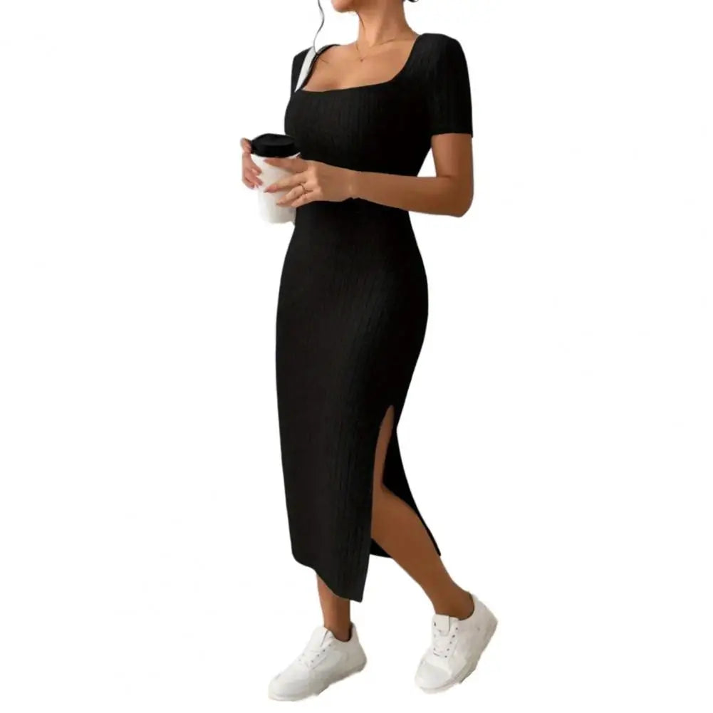 Solid Color Square Neckline Dress Elegant Knitted Midi Dress Women Party Commute Dress