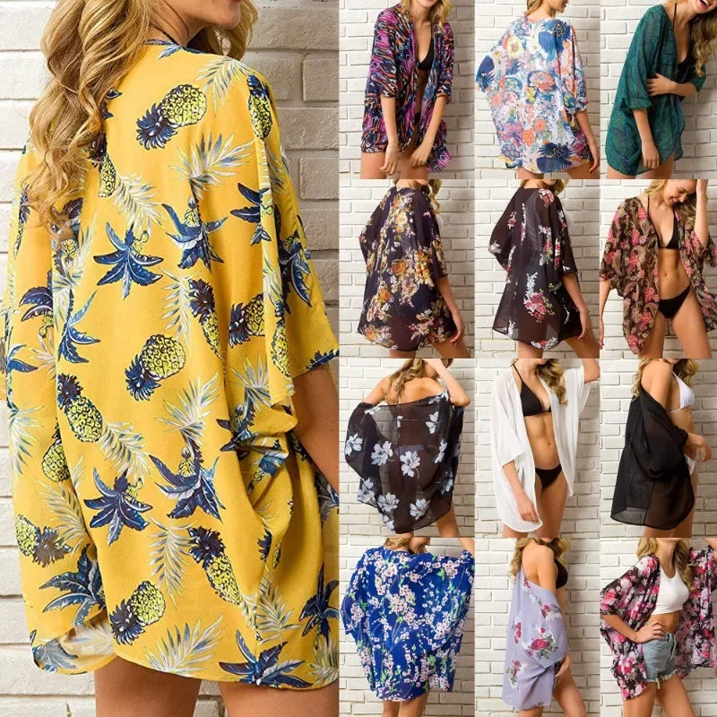 Fashion Printed Shawl Blouse Sun Protection Shirt Casual Cardigans Seaside Beach Poncho Chiffon Cape Shawl Beachwear Women Top