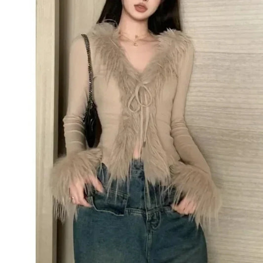 Fur Knitted Cardigan Women Furry Collar Outfit Cropped Fashion Hot Girls Popular Y2k Tops Autumn Korean Reviews Many Clothes