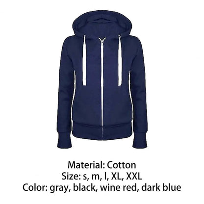 Spring Autumn New Casual Fleece Zipped Hoodie Coat Women Fashion Drawstring Sporty Hooded Coat