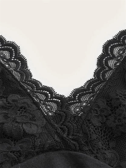 Black lace patchwork halter top with ruched back, featuring a backless design and regular length.