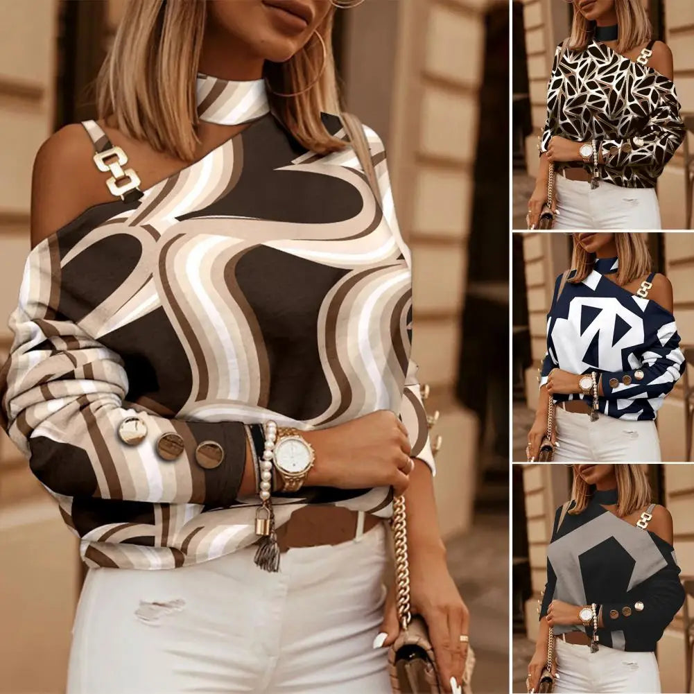 Women Blouse Contrast Color Diagonal Collar Lady Spring Shirt Geo Printing One Shoulder Long Sleeves Elegant Top For Shopping