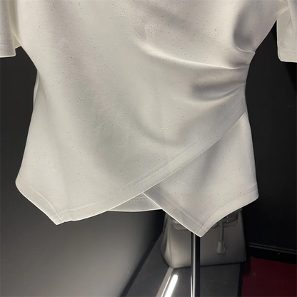 Commuter Summer New Women's Pullovers Crew Neck Spliced Diamonds Short Sleeve Off Shoulder Pleated T-shirt All-match Slim Tops