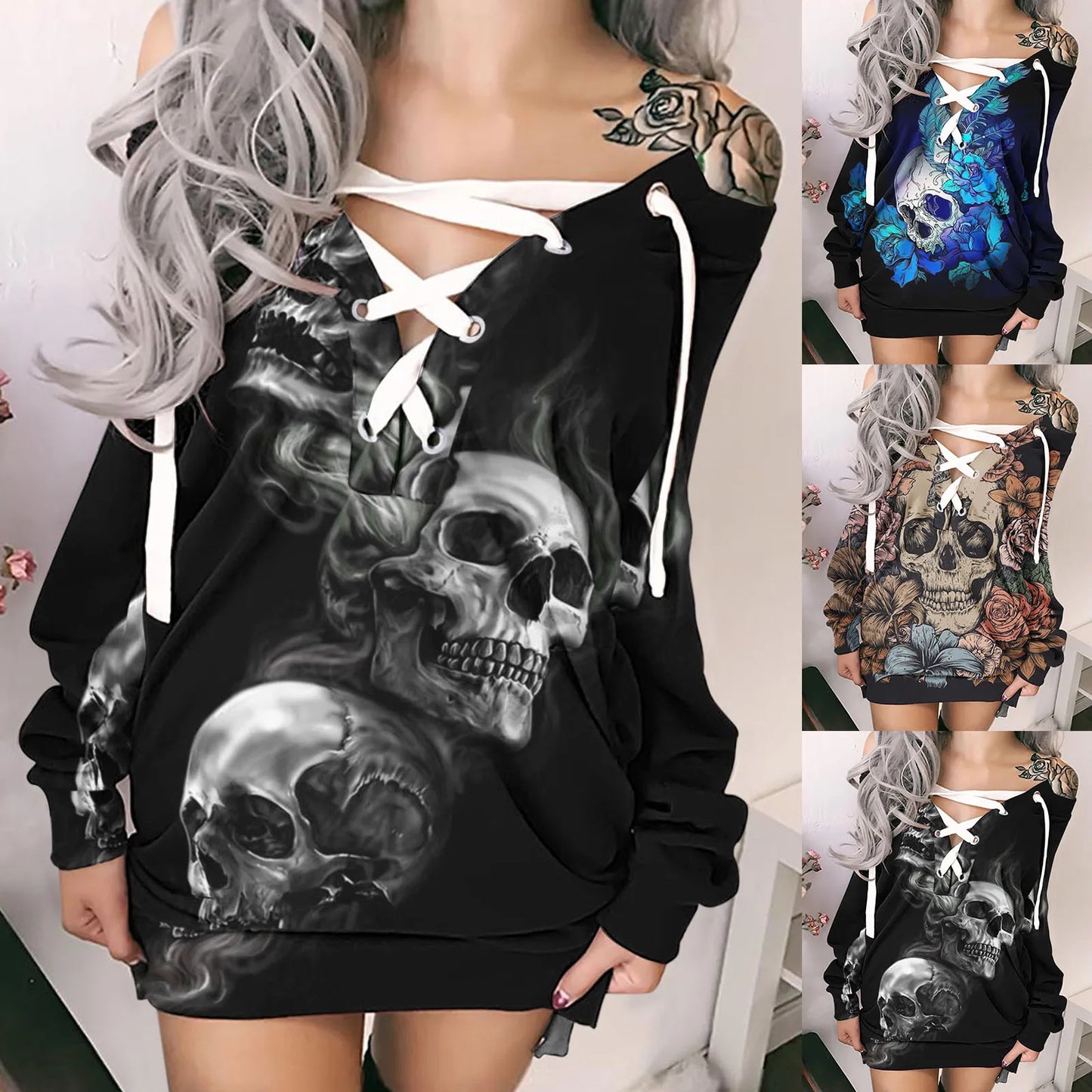 Hoodie Sweatshirt Dress - Gothic Skull Rose